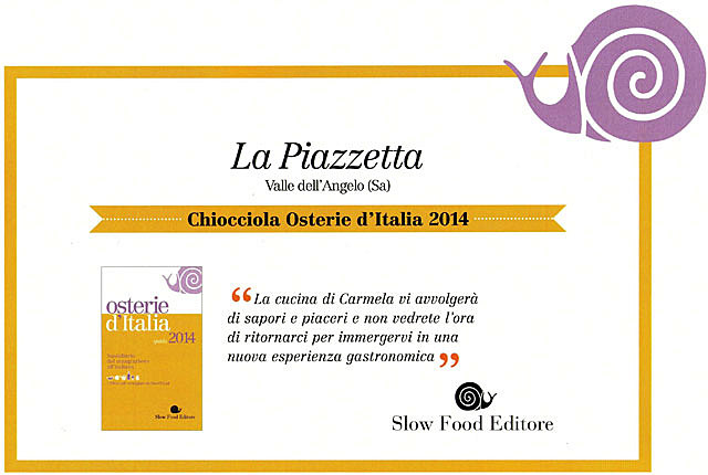 Osterie d’Italia 2014: la Piazzetta di Valle dell’Angelo ottiene il riconoscimento della Chiocciola