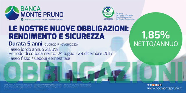 Banca Monte Pruno: disponibili Obbligazioni Garantite al tasso annuo fisso del 2,50% - netto 1,85%