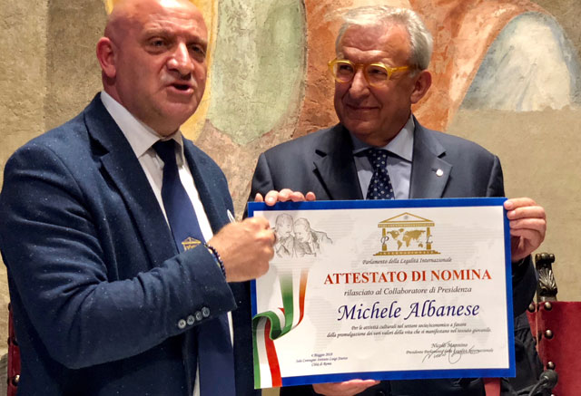 Parlamento della Legalità Internazionale - Il Direttore Generale Michele Albanese nominato Collaboratore di Presidenza