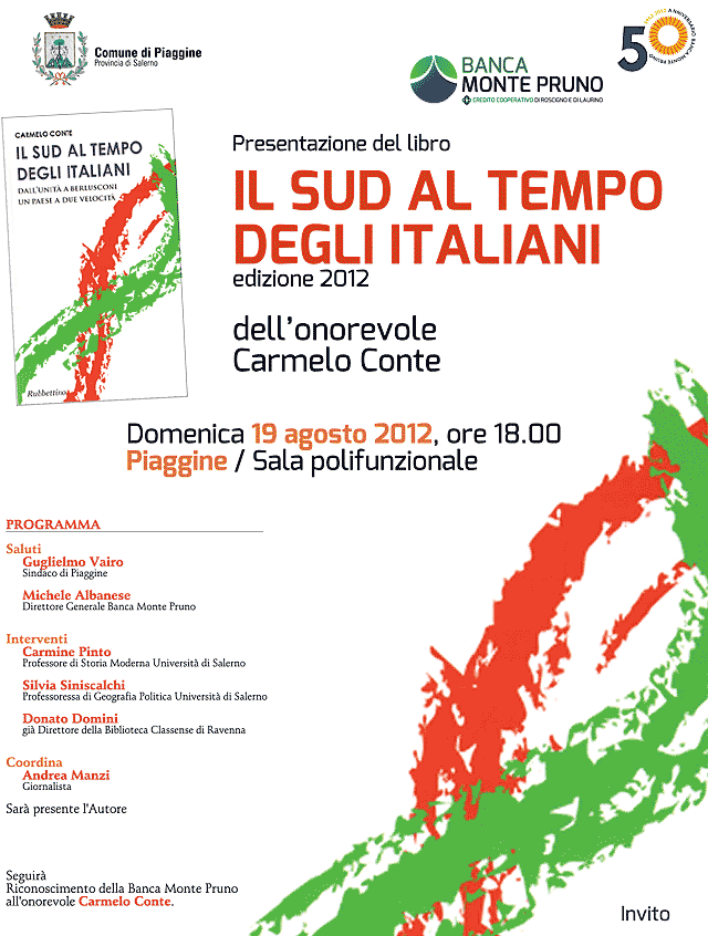 50° anniversario Banca Monte Pruno: presentazione del libro “Il Sud al tempo degli italiani” dell’on. Carmelo Conte