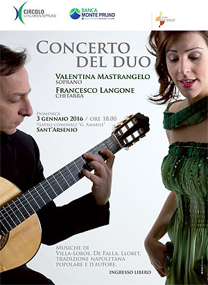 Sant’Arsenio: il 3 gennaio 2016 in concerto Valentina Mastrangelo e Francesco Langone