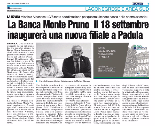 Roma: La Banca Monte Pruno il 18 settembre inaugurerà una nuova filiale a Padula