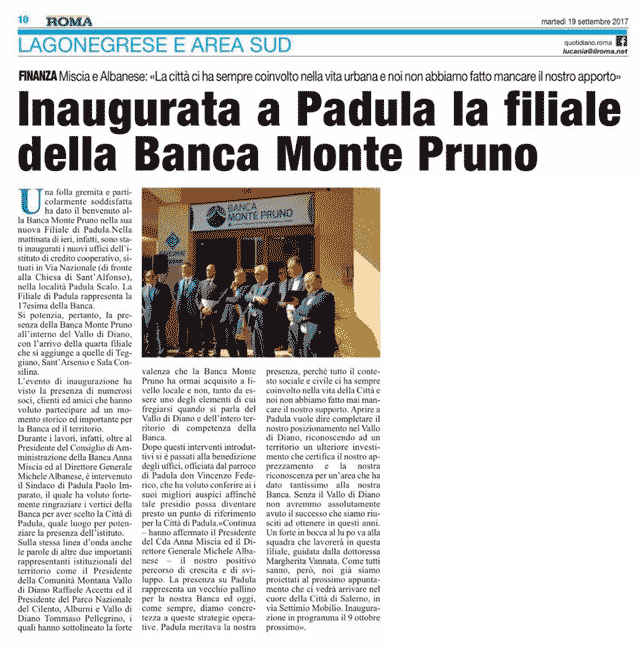 Roma: Inaugurata a Padula la filiale della Banca Monte Pruno