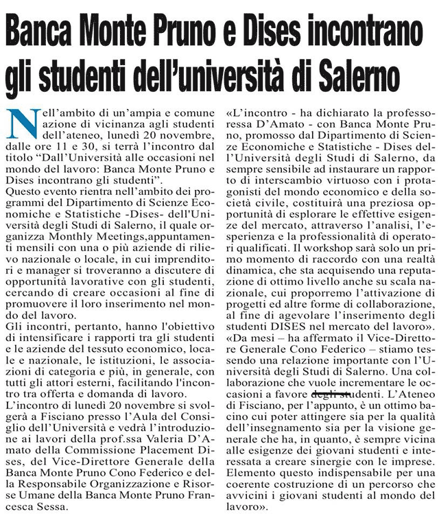 Roma: Banca Monte Pruno e Dies incontrano gli studenti dell’università di Salerno
