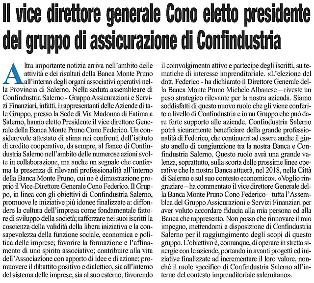 Roma: Il vice direttore generale Cono eletto presidente del gruppo di assicurazione di Confindustria