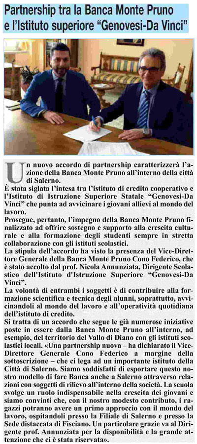 Roma: Partnership tra la Banca Monte Pruno e l’Istituto superiore "Genovesi-Da Vinci"