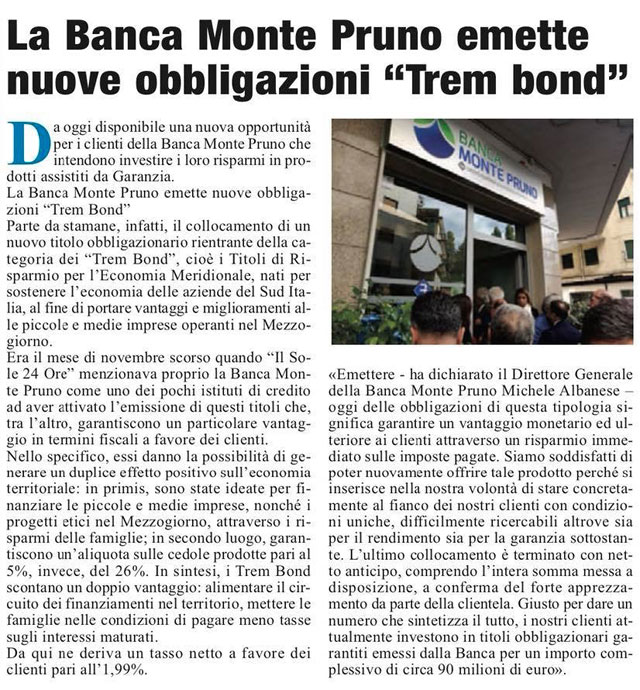 Roma: La Banca Monte Pruno emette nuove obbligaziopni "Trem Bond"