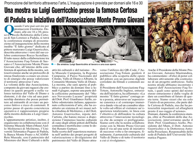 Roma: Una mostra su Luigi Guerricchio presso la famosa Certosa di Padula su iniziativa dell’Associazione Monte Pruno Giovani
