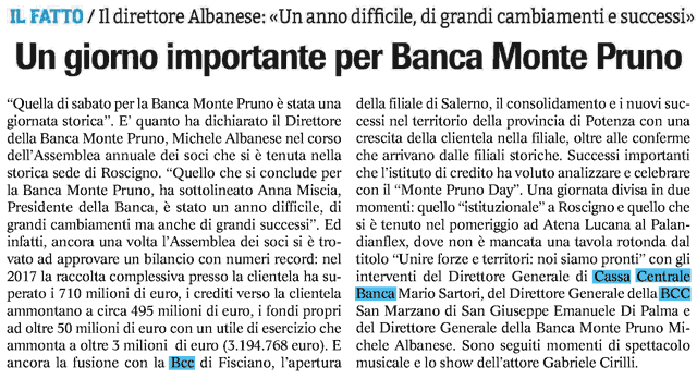 Le Cronache del Salernitano: Un Giorno importante per Banca Monte Pruno