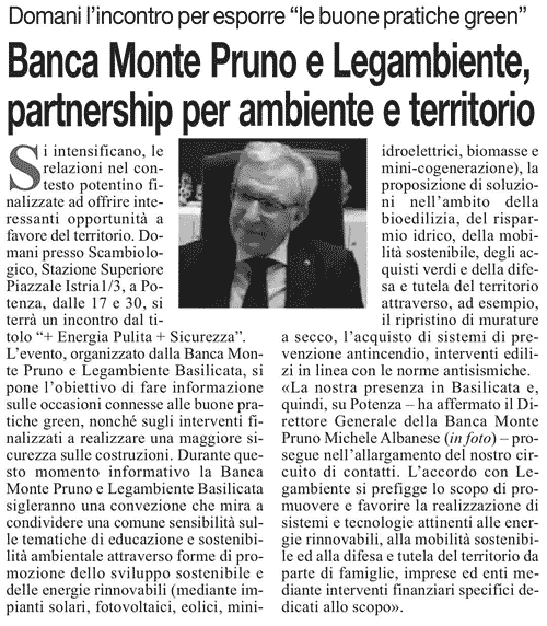 Roma: Banca Monte Pruno e Legambiente, partnership per ambiente e territorio