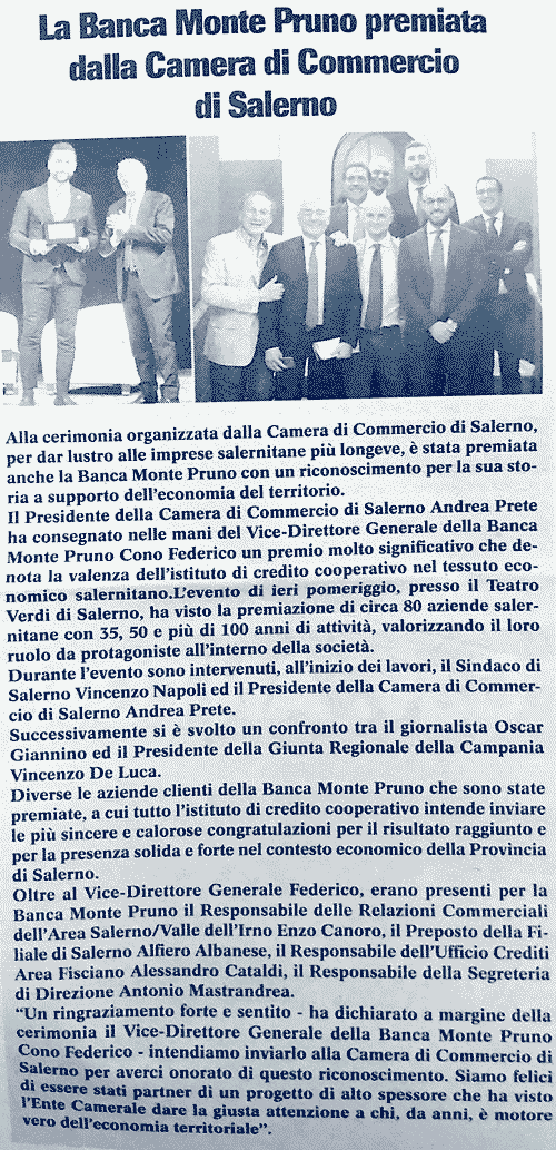 Le Cronache del Salernitano: La Banca Monte Pruno premiata dalla Camera di Commercio di Salerno