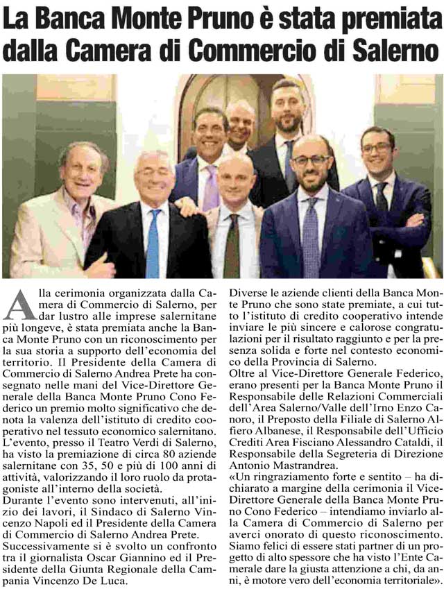 Roma: La Banca Monte Pruno è stata premiata dalla Camera di Commercio di Salerno