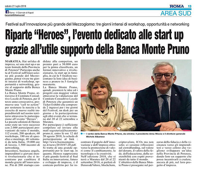 Roma - Riparte "Heroes", l’evento dedicato alle start-up grazie all’utile supporto della Banca Monte Pruno