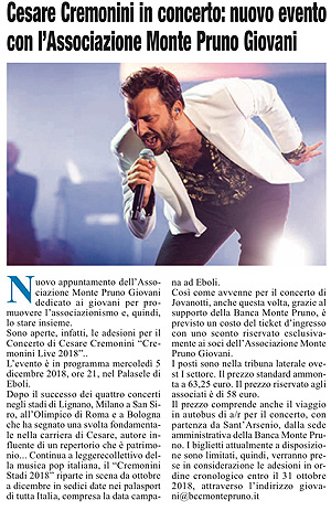 Roma - Cesare Cremonini in concerto: nuovo evento con l’Associazione Monte Pruno Giovani
