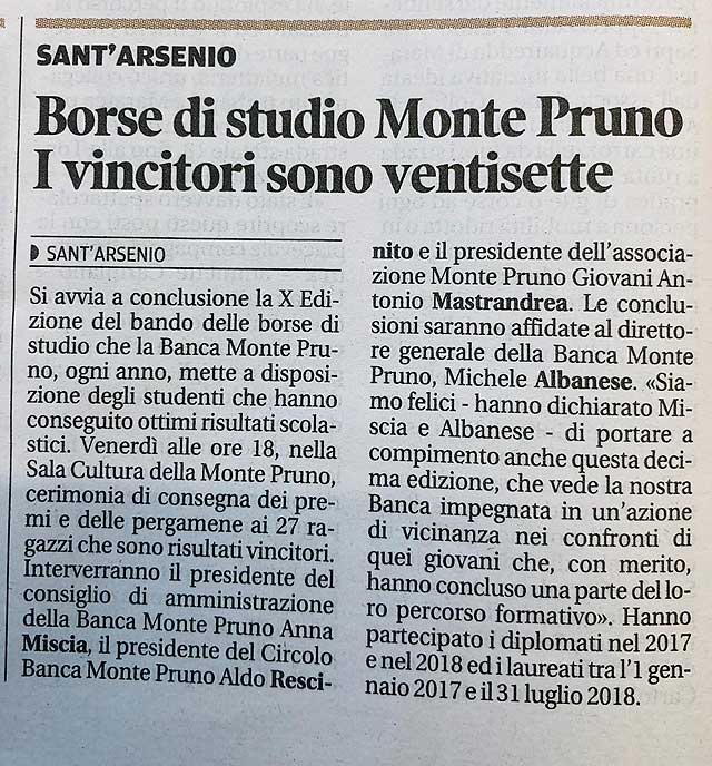 Sant’Arsenio - Borse di studio Monte Pruno: i vincitori sono ventisette