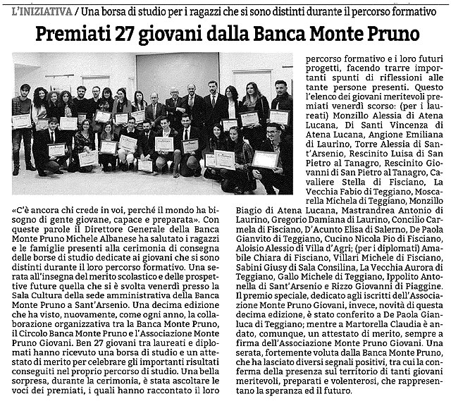 Cronache - Premiati 27 giovani dalla Banca Monte Pruno