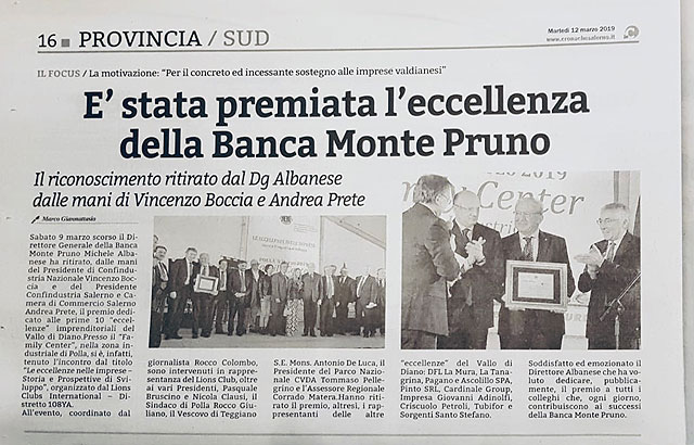 Le Cronache del Salernitano - E’ stata premiata l’eccellenza della Banca Monte Pruno