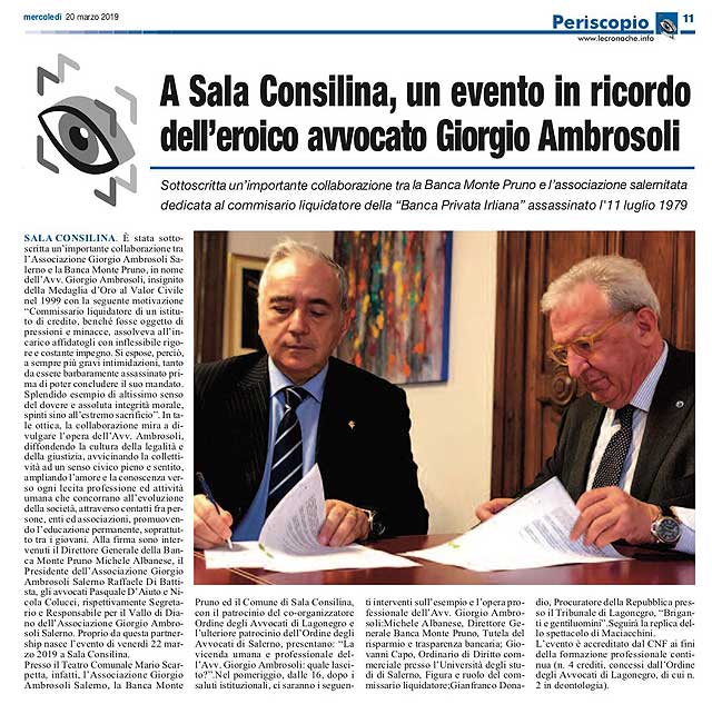 Roma - A Sala Consilina, un evento in ricordo dell’eroico avvocato Giorgio Ambrosoli