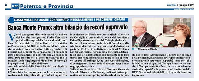 Le Cronache Lucane - Banca Monte Pruno: altro bilancio da record approvato