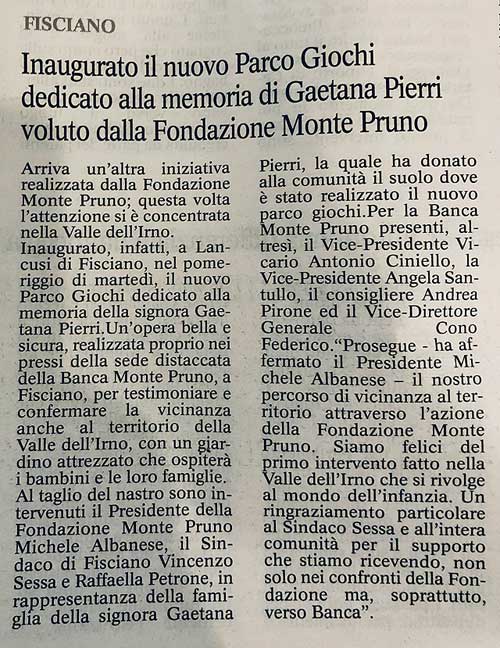 Le Cronache del salernitano - Inaugurato il nuovo parco giochi dedicato alla memoria di Gaetana Pierri voluto dalla Fondazione MontePruno