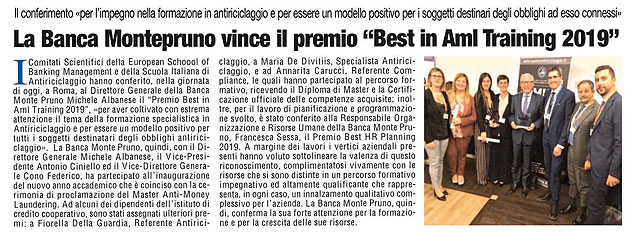 Le Cronache: La Banca Monte Pruno vince il premio "Best in Aml Training 2019"