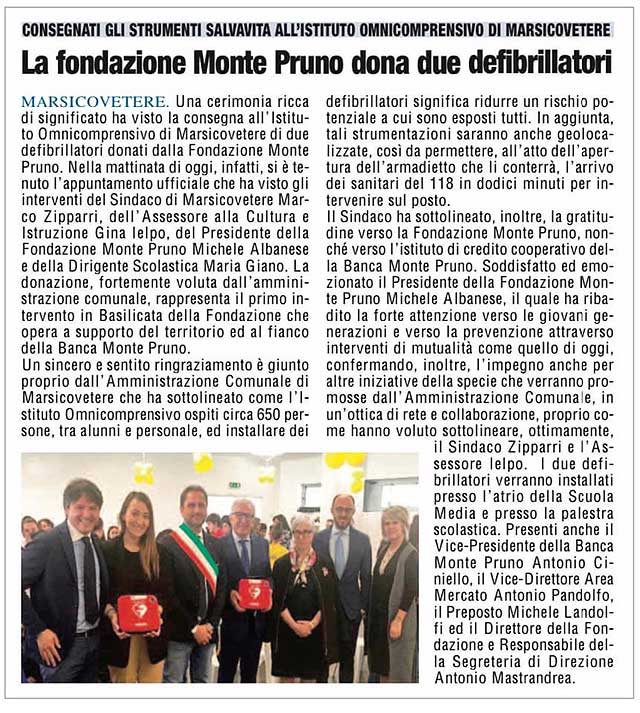 Le Cronache: La Fondazione Monte Pruno dona due defibrillatori