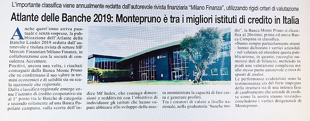 Cronache Lucane - Atlante delle Banche 2019: Monte Pruno è tra i migliori istituti di credito in Italia