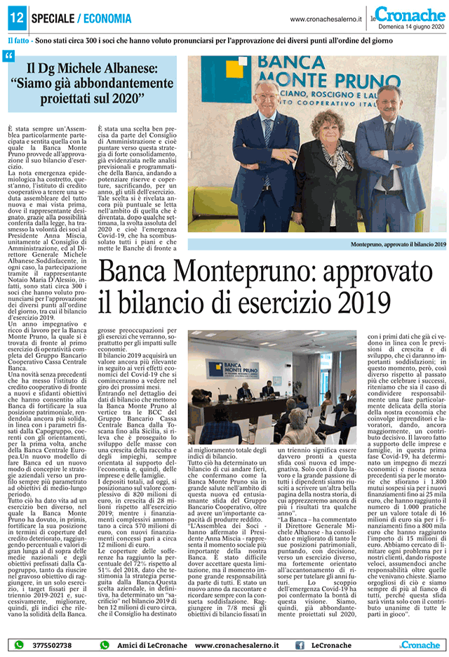 Le Cronache - Banca Motepruno: approvato il bilando di esercizio 2019