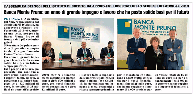 Le Cronache Lucane - Banca Monte Pruno: un anno di grande impegno e lavoro che ha posto solide basi per il futuro