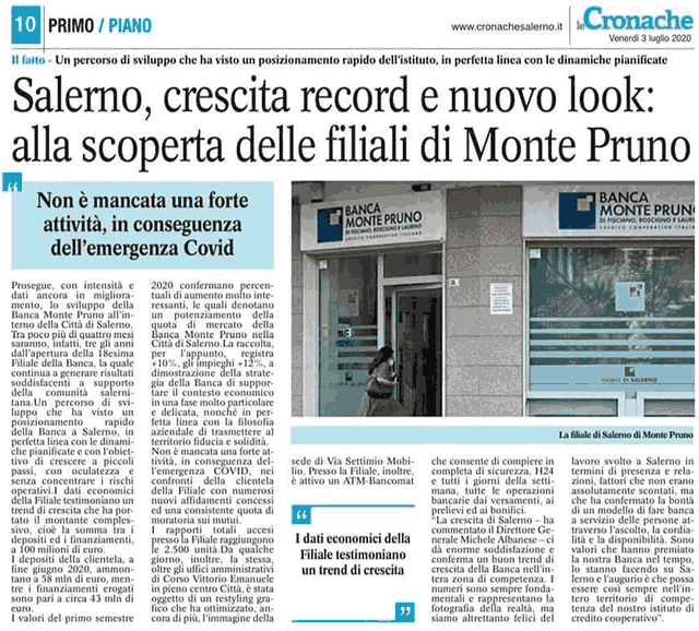 Le Cronache - Salerno, crescita record e nuovo look: alla scoperta delle filiali di Monte Pruno