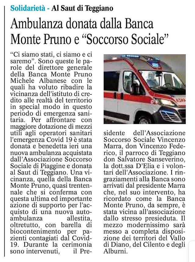 Le Cronache - Ambulanza donata dalla Banca Monte Pruno e "Soccorso Sociale"