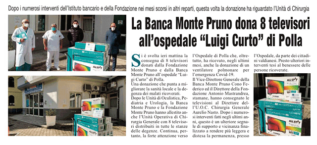 Cronache Lucane: La Banca Monte Pruno dona 8 televisori all’ospedale “Luigi Curto” di Polla