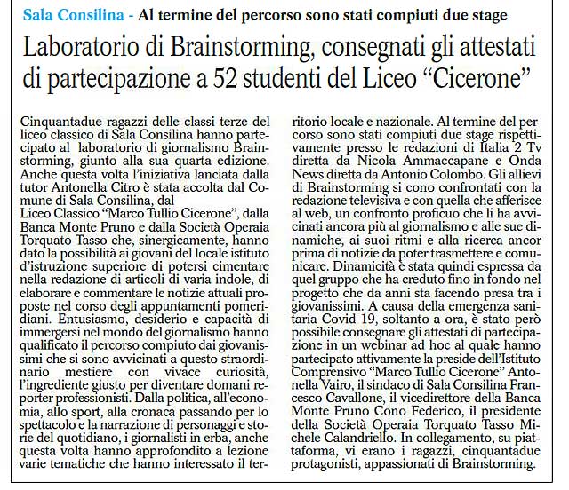 Cronache Lucane - Laboratorio di Brainstorming, consegnati gli attestati di partecipazione a 52 studenti del liceo "Cicerone"