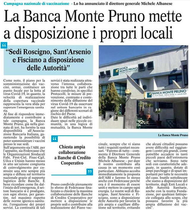 Le Cronache - La Banca Monte Pruno mette a disposizione i propri locali