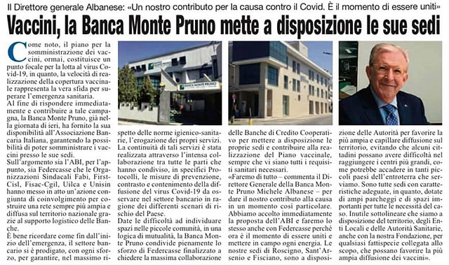 Le Cronache Lucane - Vaccini, la Banca Monte Pruno mette a disposizione le sue sedi