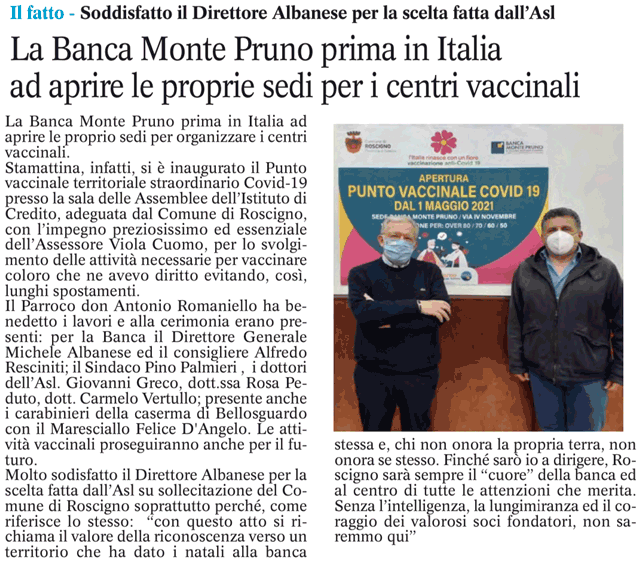 Le Cronache: La Banca Monte Pruno prima in Italia ad aprire le proprie sedi per i centri vaccinali