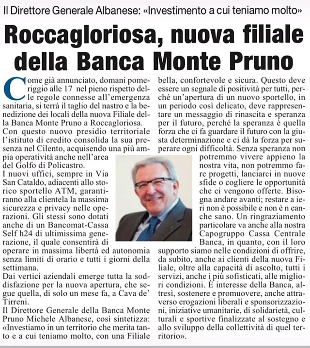 Le Cronache Lucane - Roccagloriosa, nuova filiale della Banca Monte Pruno
