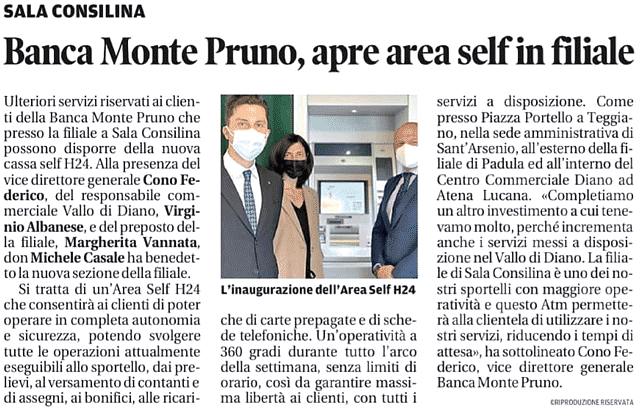 La Città - Sala Consilina: Banca Monte Pruno, apre area self in filiale
