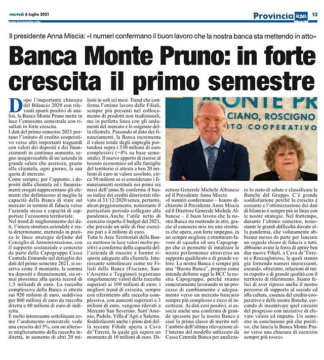 Le Cronache Lucane - Banca Monte Pruno, in forte crescita il primo semestre