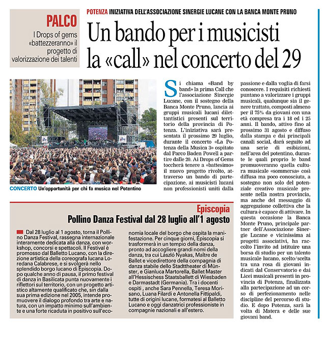 La Gazzetta del Mezzogiorno - Un bando per i musicisti la "call" nel concerto del 29
