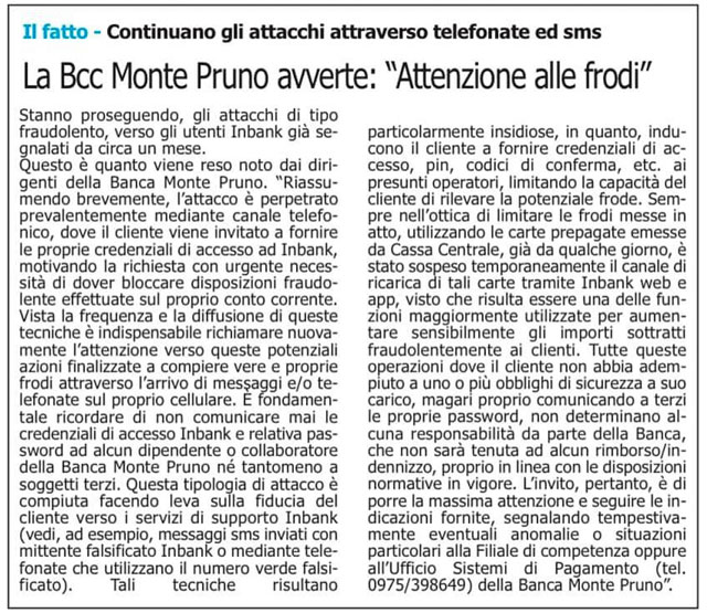 Le Cronache - La BCC Monte Pruno avverte: "Attenzione alle frodi"