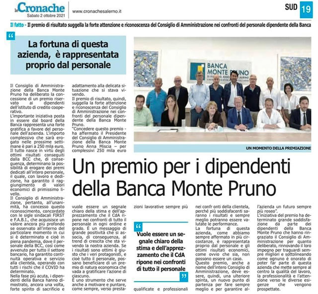 Le Cronache - Un premio per i dipendenti della Banca Monte Pruno