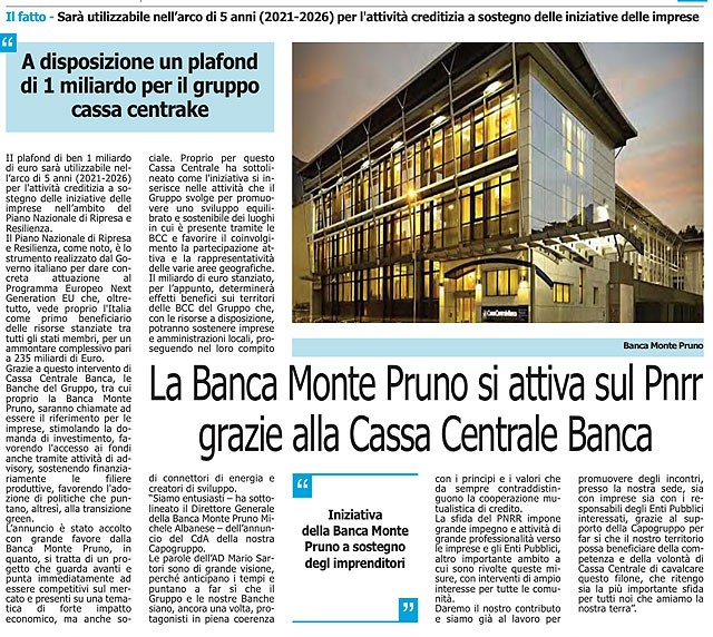 Le Cronache - La Banca Monte Pruno si attiva sul Pnrr grazie a Cassa Centrale Banca