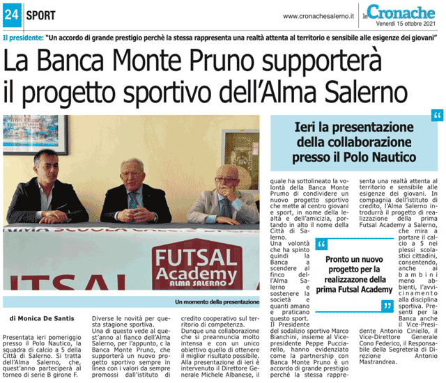 Le Cronache: La Banca Monte Pruno supporterà il progetto sportivo dell’Alma Salerno