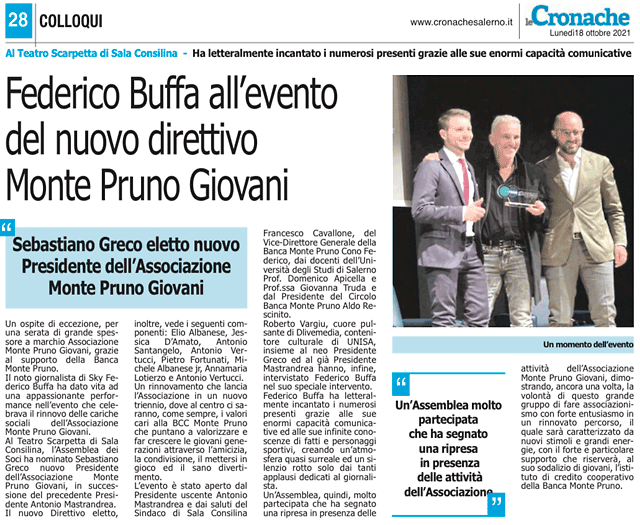 Le Cronache: Federico Buffa all’evento del nuovo direttivo Monte Pruno Giovani