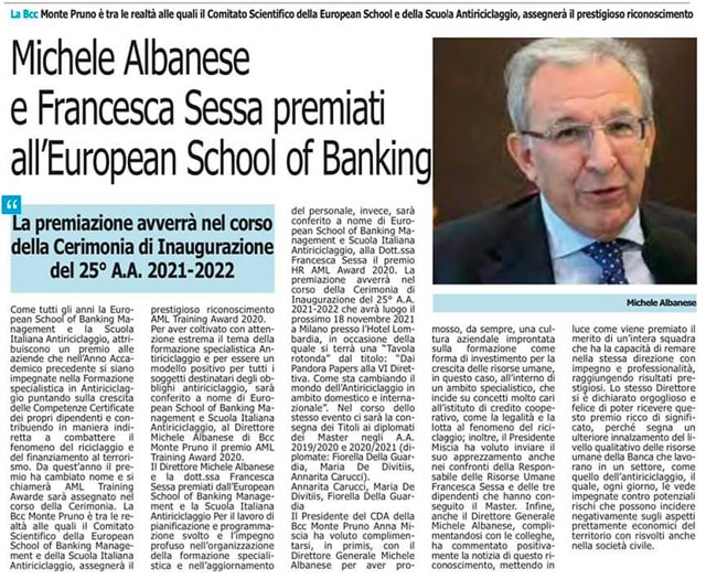 Le Cronache -Michele Albanese e Francesca Sessa premiati all’European School of Banking 