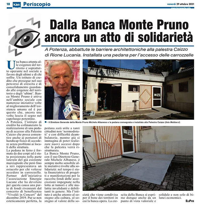 Cronache Lucane - Dalla Banca Monte Pruno ancora un atto di solidarietà
