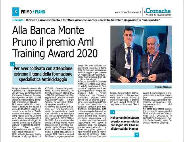 Le Cronache - Alla Banca Monte Pruno il premio Aml Training Award 2020