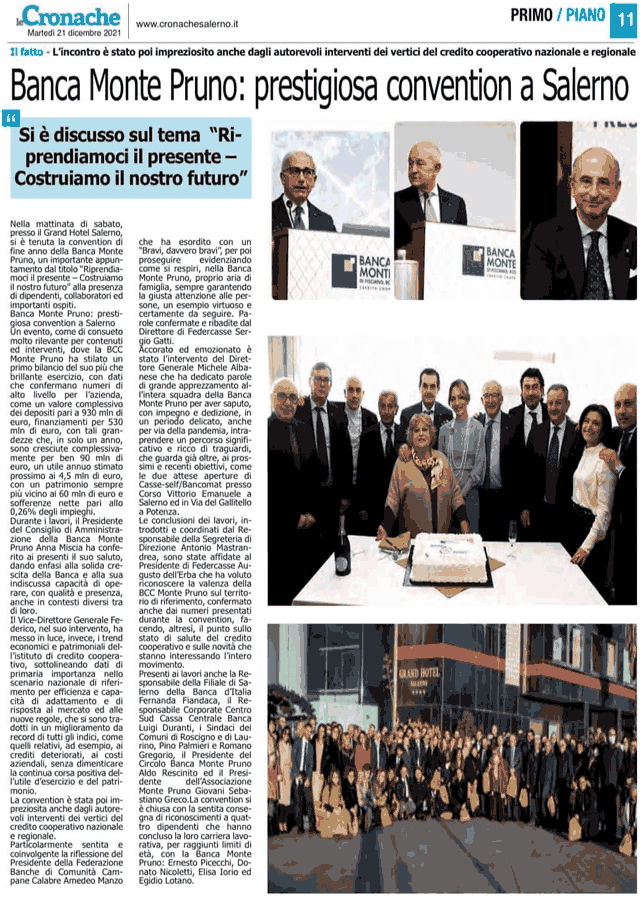 Le Cronache: Banca Monte Pruno: prestigiosa convention a Salerno