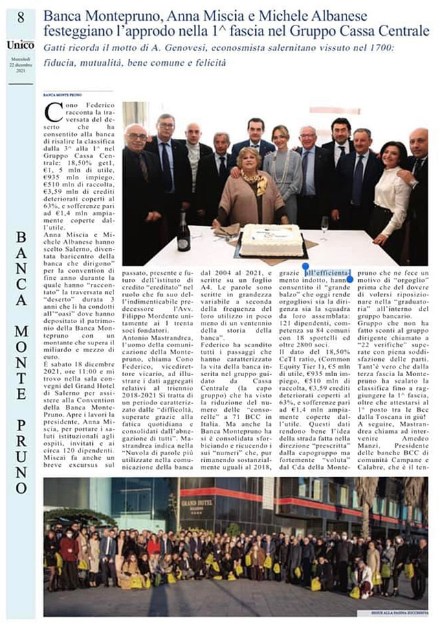 Unico - Banca Monte Pruno, Anna Miscia e Michele Albanese festeggiano l’approdo nella prima fascia del Gruppo Cassa Centrale